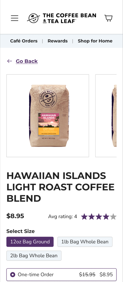 screenshot of Coffee Bean & Tea Leaf product page on mobile